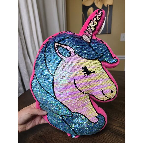 Unicorn Pink Silver Reversible Sequin Throw Pillows 14”x 12” Decorative Mermaid - Picture 2 of 16